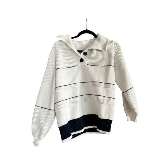 Commense Sweaters - NWOT Commense Women's Striped Knit Sweater‎ Button Up Collar White Black Size S
